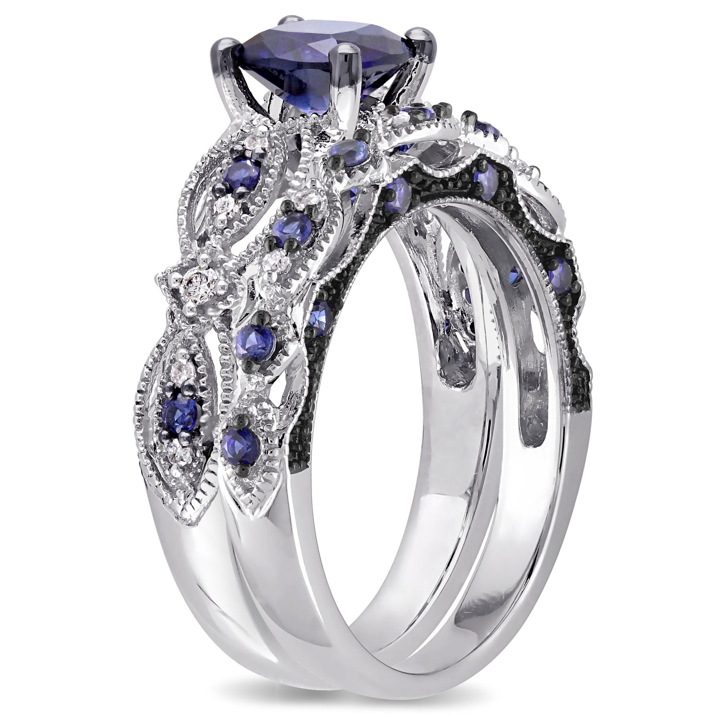Blue Sapphire & Diamond Bridal Set in 10k White Gold