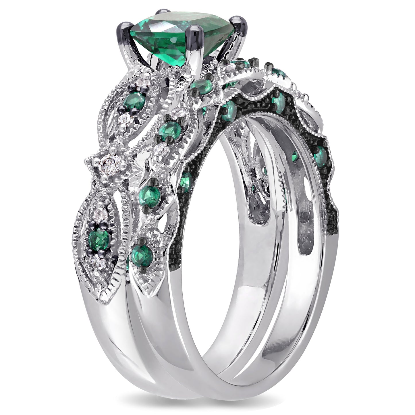 Emerald & Diamond Bridal Set in 10k White Gold