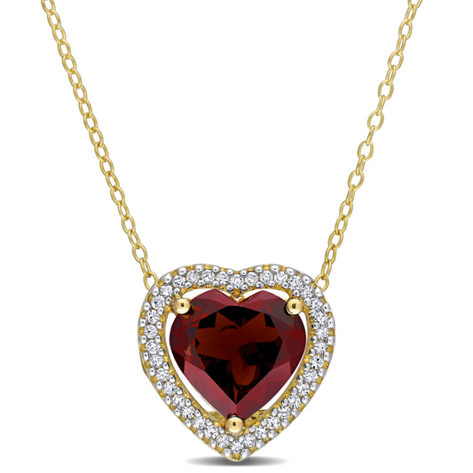 Garnet & Diamond Halo Heart Necklace in Yellow Plated Sterling Silver