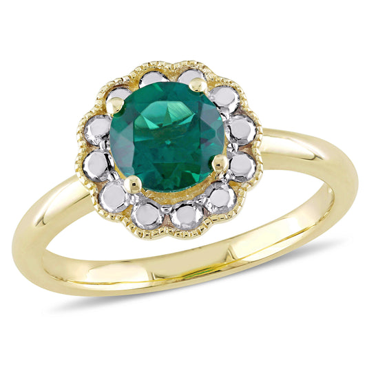 Created Emerald Flower Ring in 10k Yellow Gold
