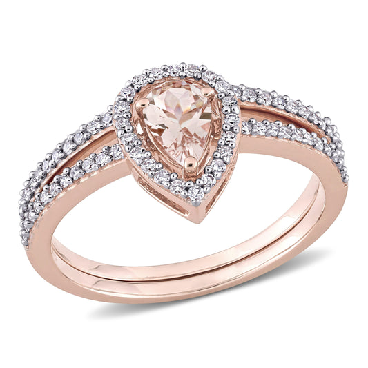 Sophia B Morganite & Diamond Halo Bridal Set in 10k Rose Gold