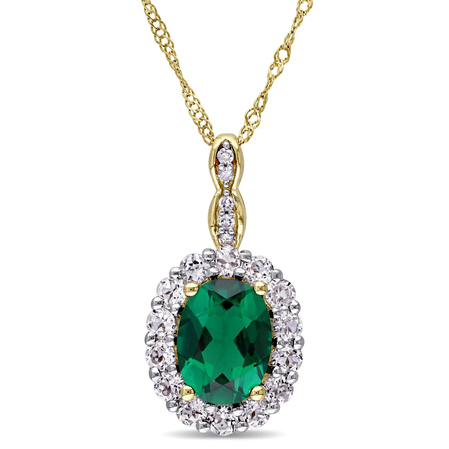 Created Emerald & White Topaz & Diamond Pendant in 14k Yellow Gold