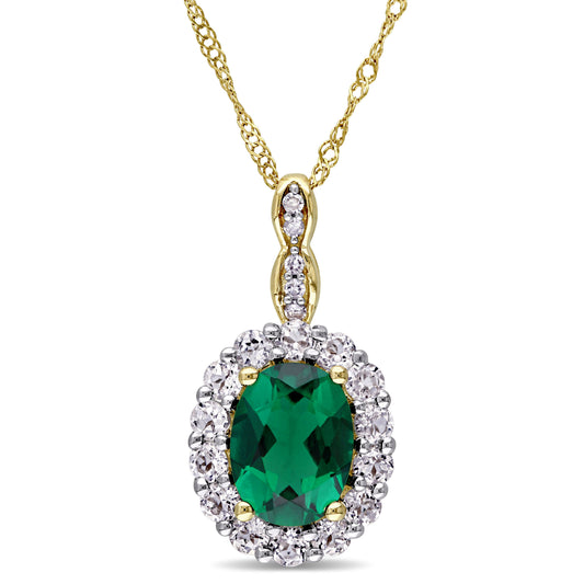 Created Emerald & White Topaz & Diamond Pendant in 14k Yellow Gold