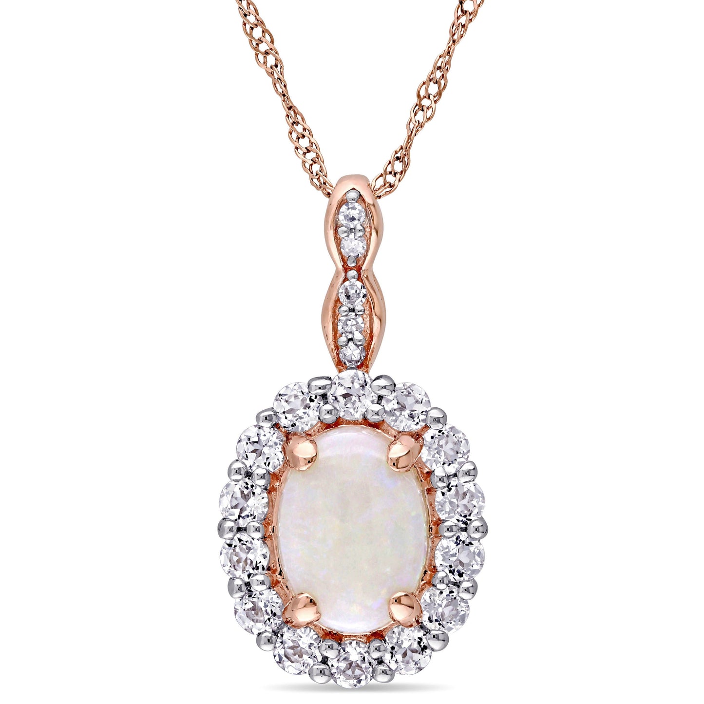 Opal, White Topaz & Diamond Halo Necklace