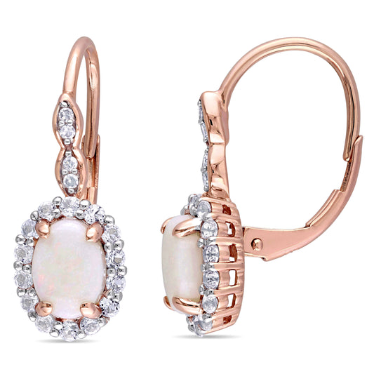 Opal White Topaz & Diamond Leverback Earrings 14k Rose Gold