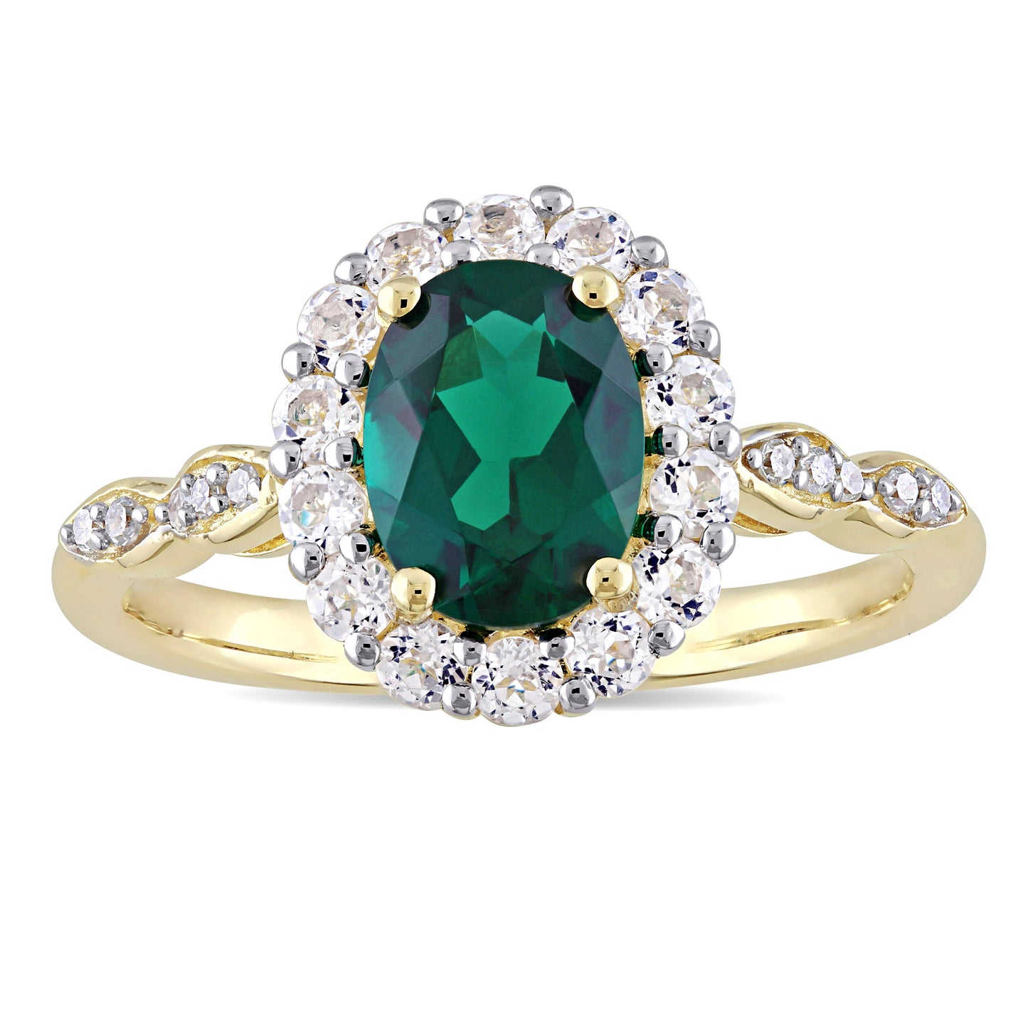 Oval Cut Created Emerald & White Topaz & Diamond Ring in 14k Yellow Gold