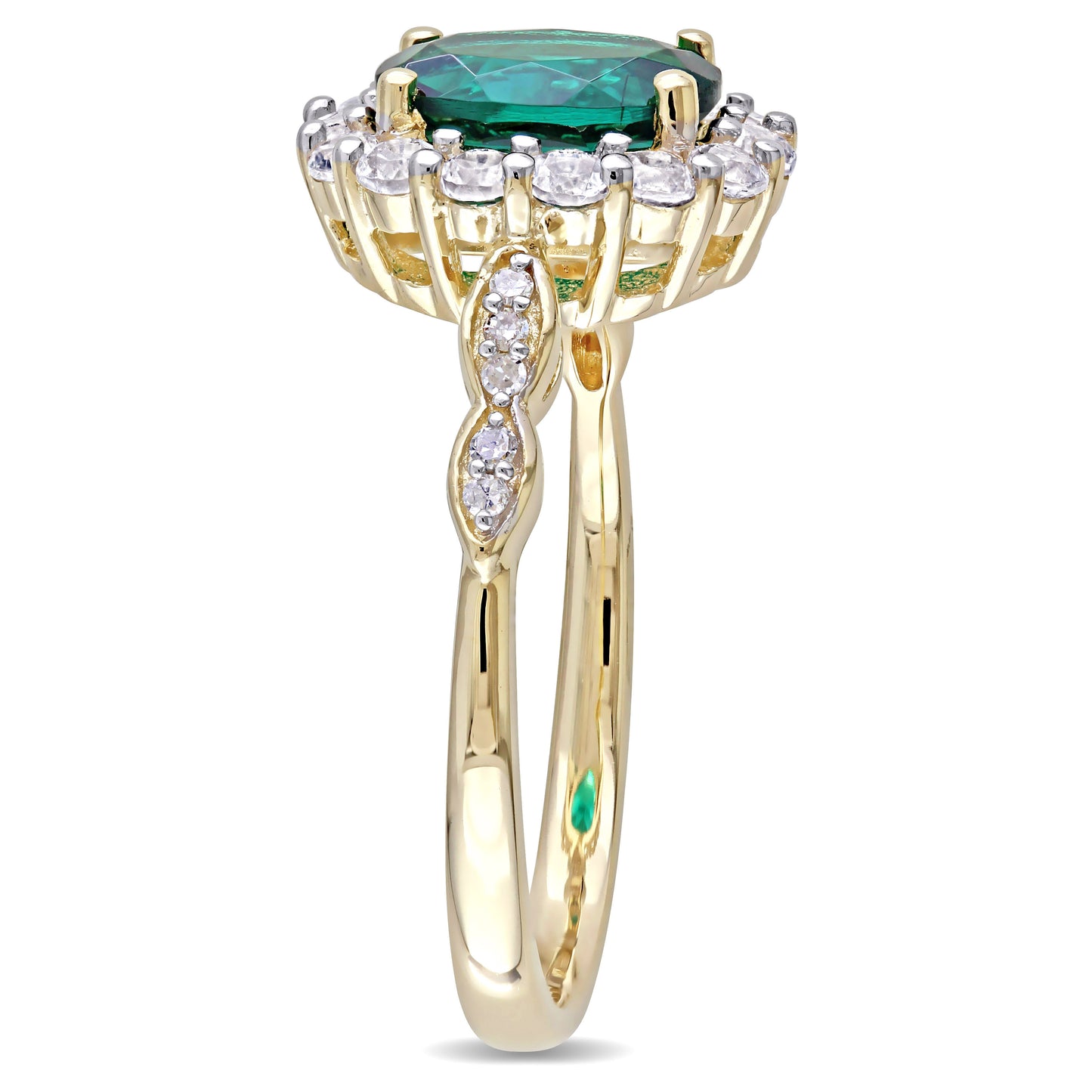 Oval Cut Created Emerald & White Topaz & Diamond Ring in 14k Yellow Gold