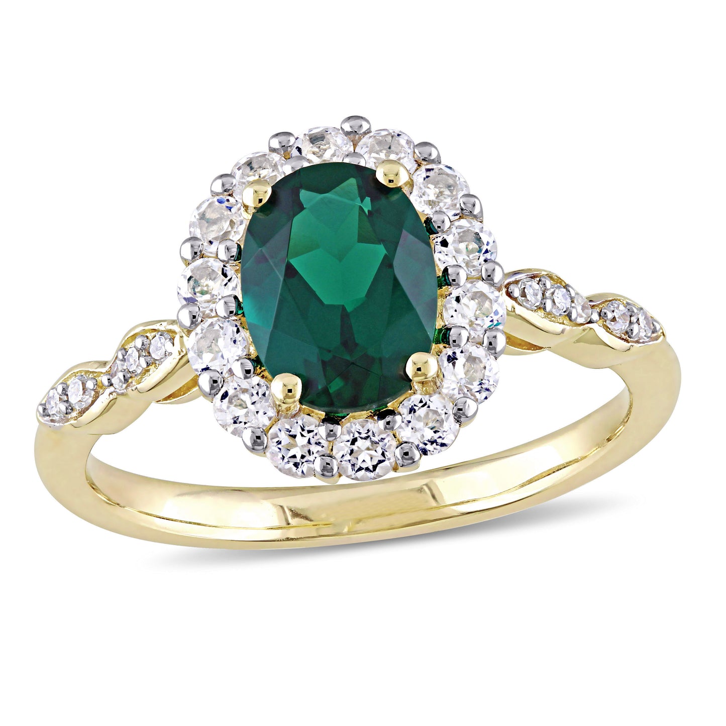 Oval Cut Created Emerald & White Topaz & Diamond Ring in 14k Yellow Gold