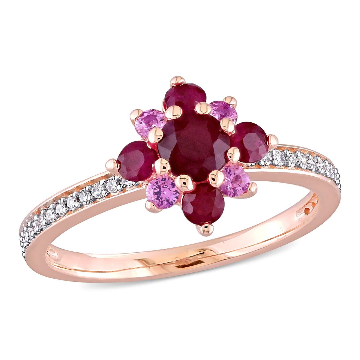 Ruby Pink Sapphire & Diamond Cluster Ring in 14k Rose Gold