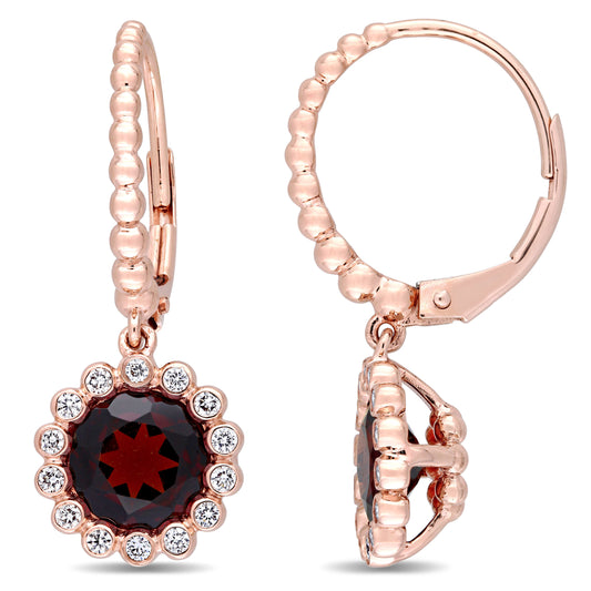 Garnet & Diamond Halo Scalloped Earrings in 14k Rose Gold