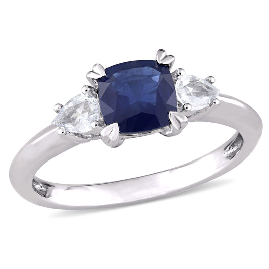 3 Stone White & Blue Sapphire Ring in 14k White Gold