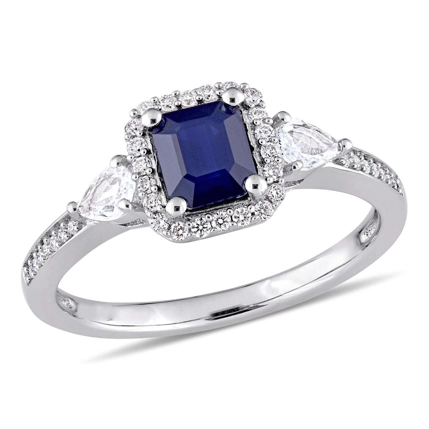 White & Blue Sapphire with Diamonds Engagement Ring 14k White Gold