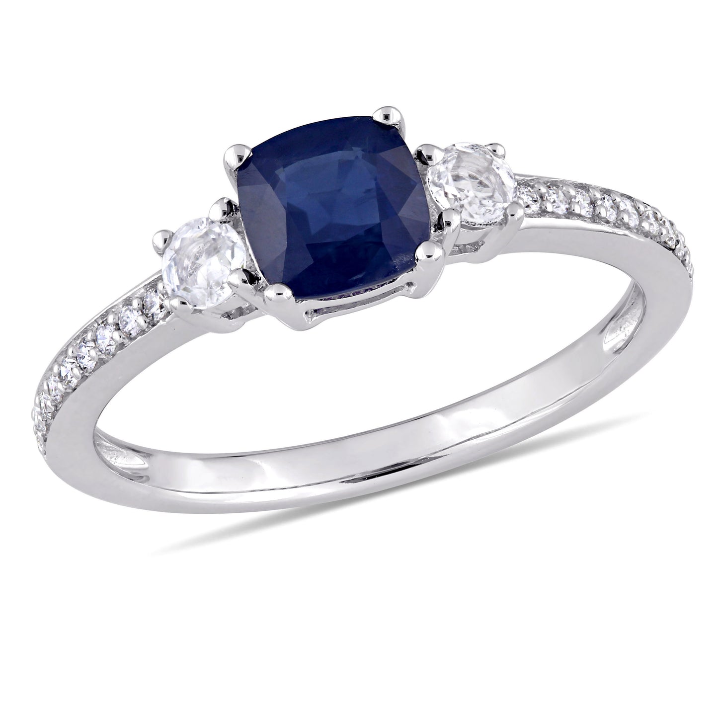 3 Stone Blue & White Sapphire & Diamond Engagement Ring in 14k White Gold