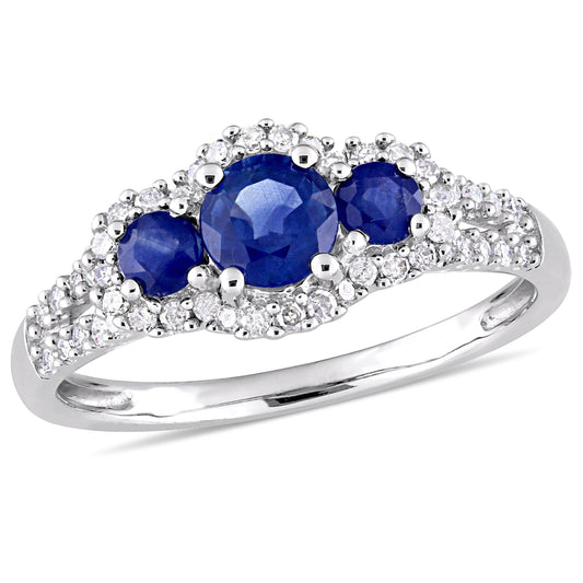 Sophia B Blue Sapphire & Diamond 3-Stone Ring in 10k White Gold