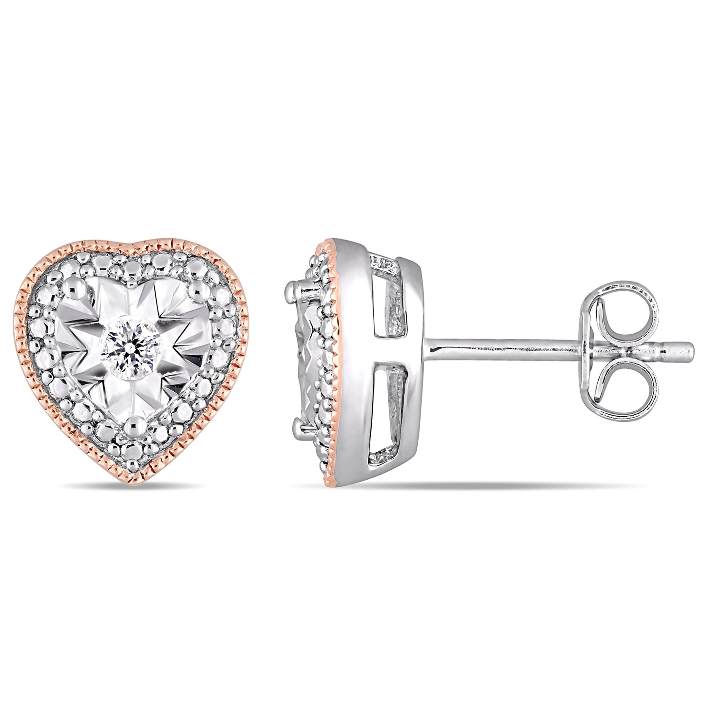 Heart Diamond Earrings in White & Rose Sterling Silver