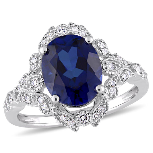 Oval Cut Sapphire & Diamond Art Deco Ring in 10k White Gold