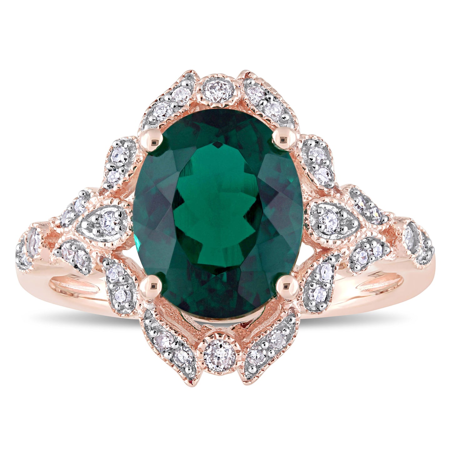 Oval Cut Created Emerald & Diamond Ring in 10k Rose Gold