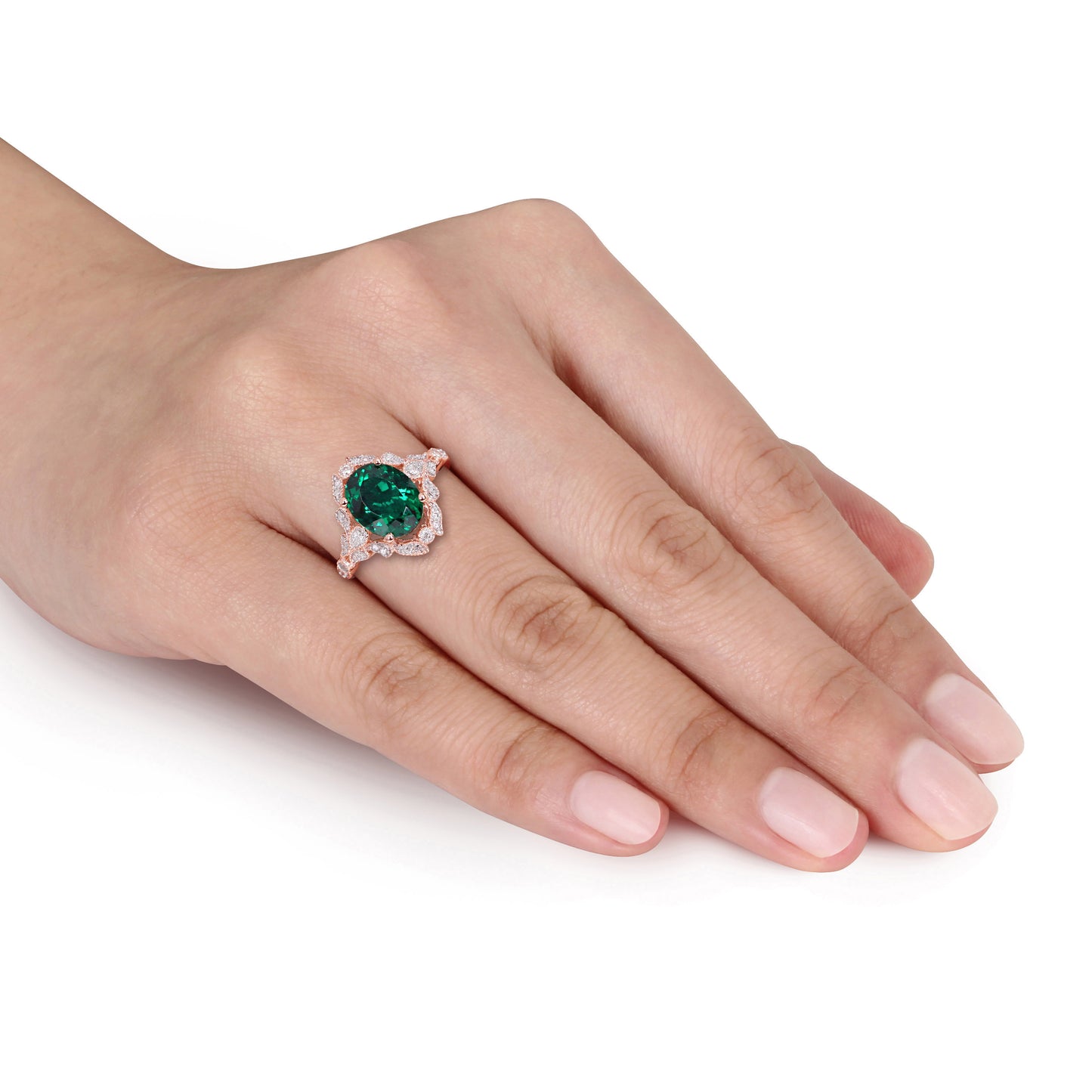 Oval Cut Created Emerald & Diamond Ring in 10k Rose Gold