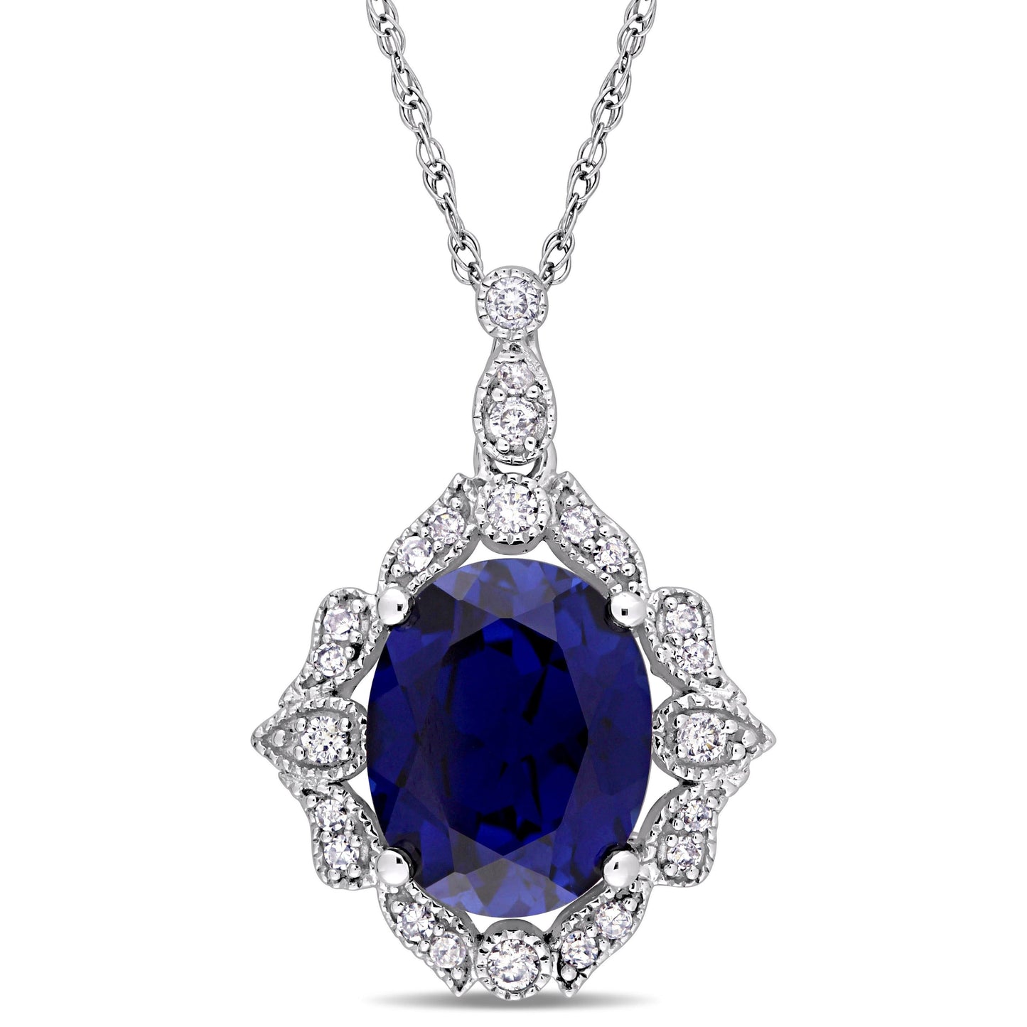 Blue Sapphire & Diamond Vintage Halo Necklace