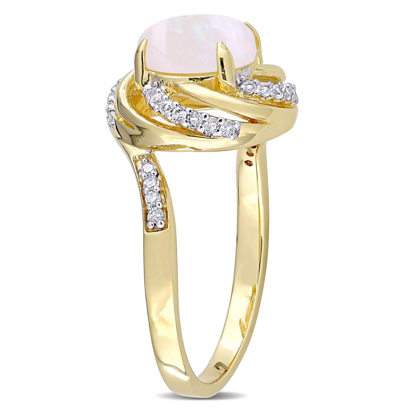 Opal White Topaz & Diamond Swirl Ring in Yellow Silver