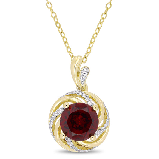 Garnet, White Topaz & Diamond Swirl Necklace in Yellow Plated Sterling Silver