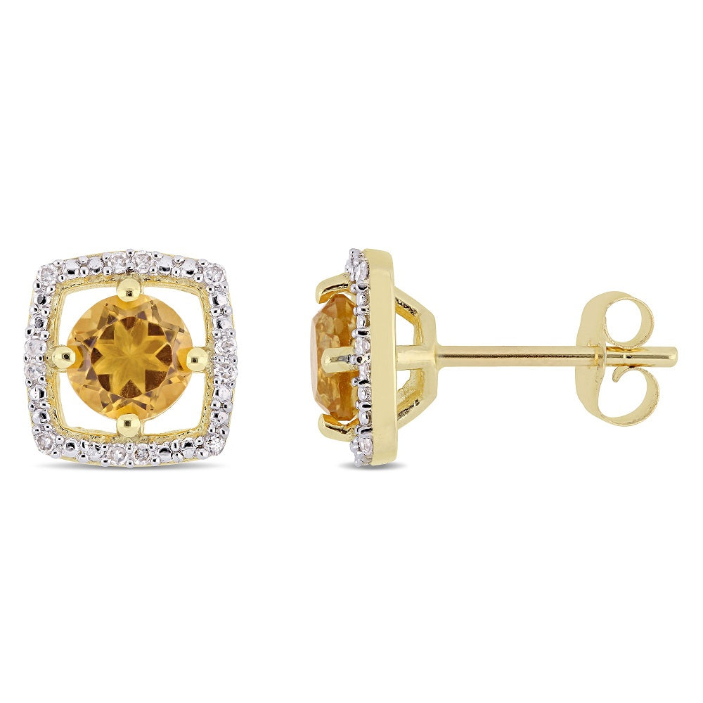 Citrine & Diamond Halo Floating Earrings in 10k Yellow Gold