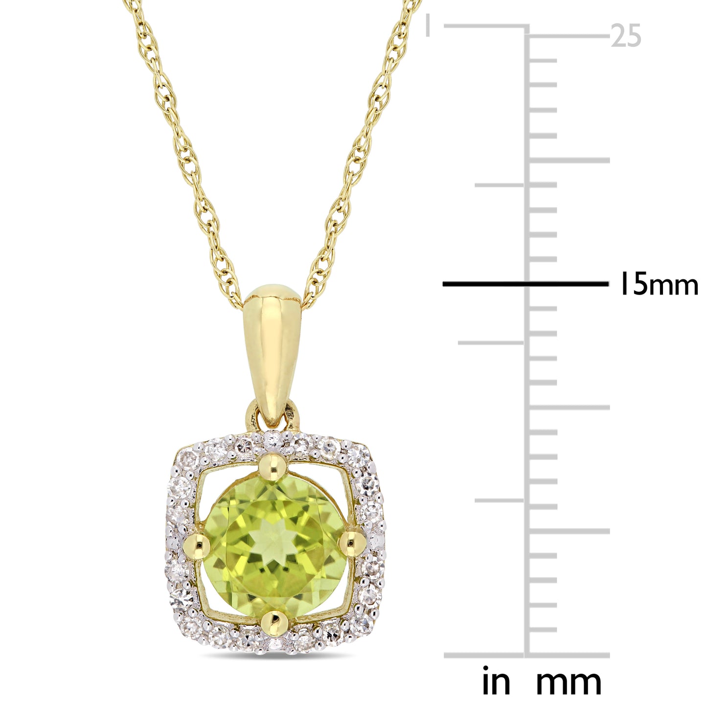 7/8ct Peridot and 1/10ct Diamond Square Halo Pendant in 10k Yellow Gold