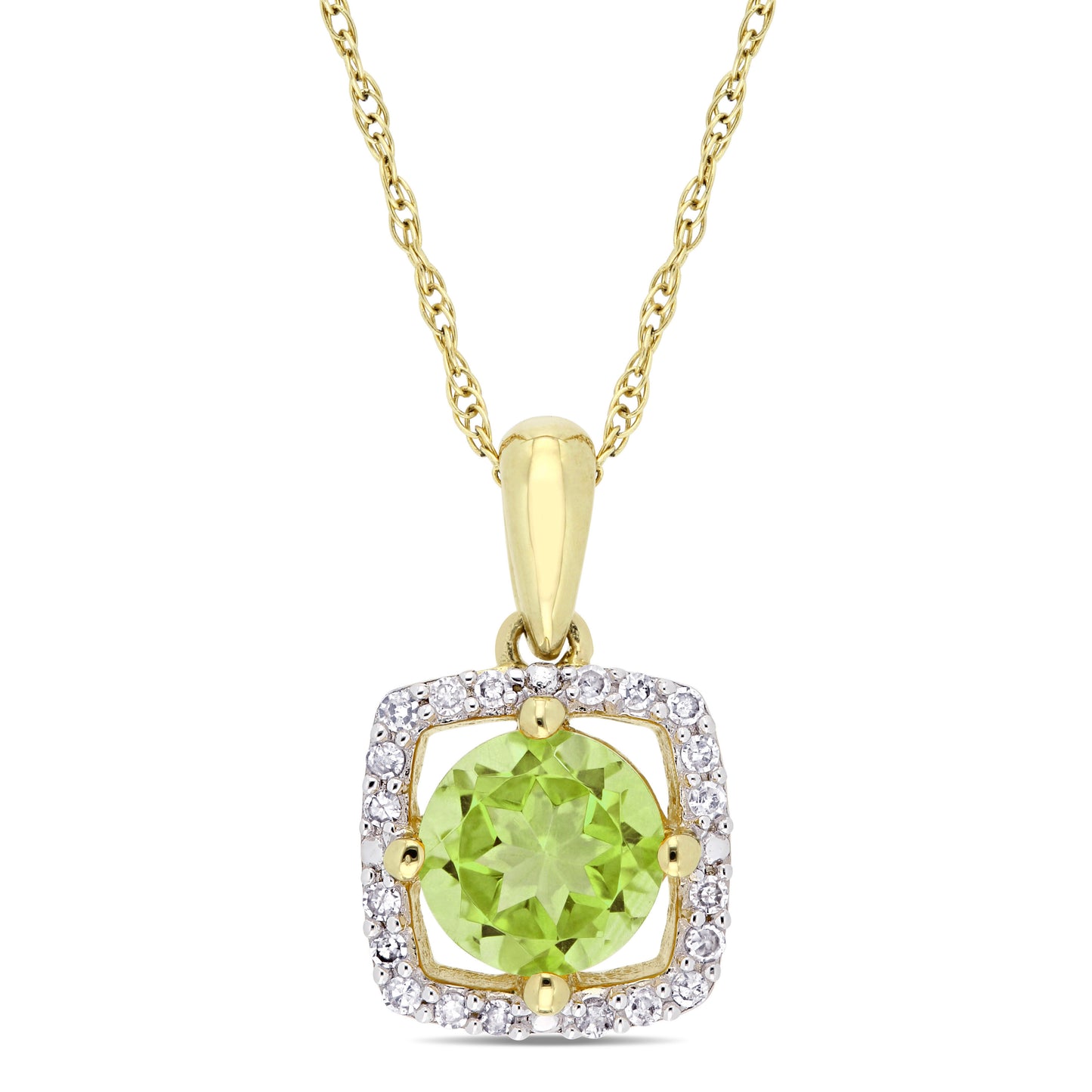 7/8ct Peridot and 1/10ct Diamond Square Halo Pendant in 10k Yellow Gold