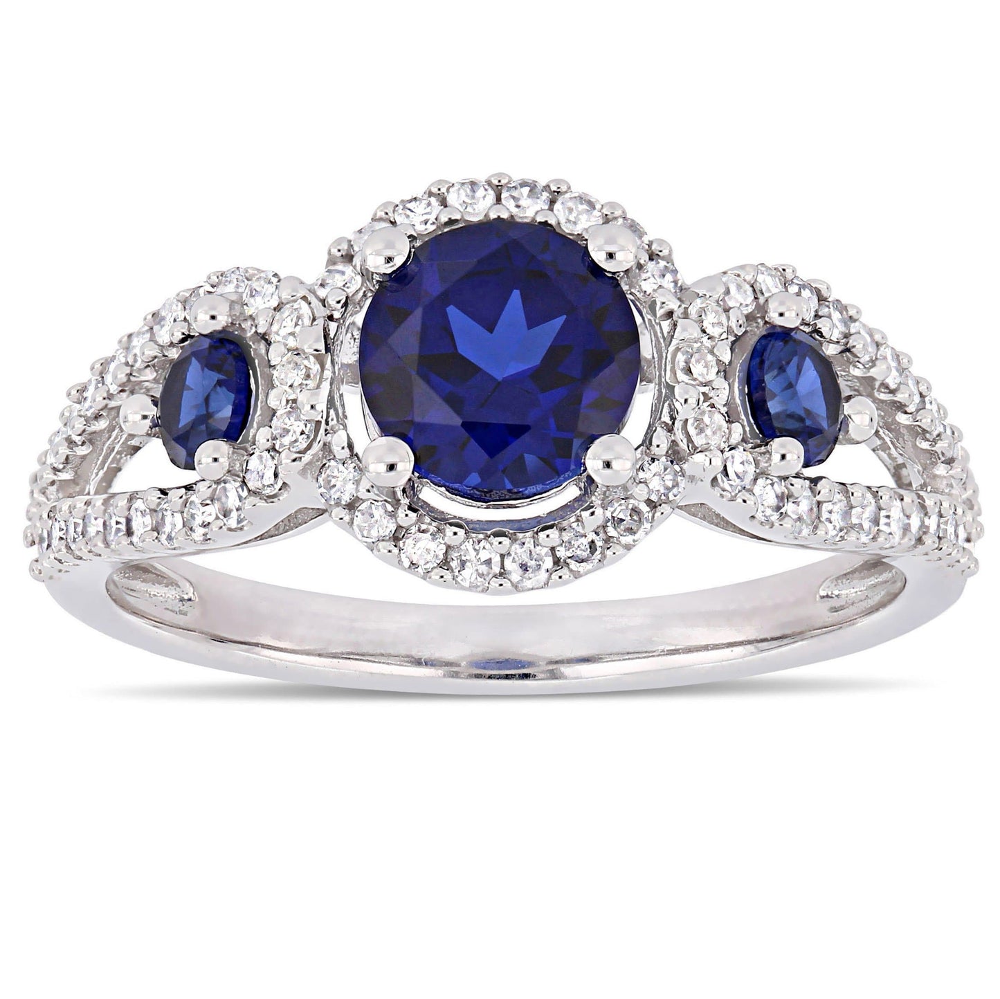 Sophia B Blue Sapphire & Diamond Three-Stone Halo Ring