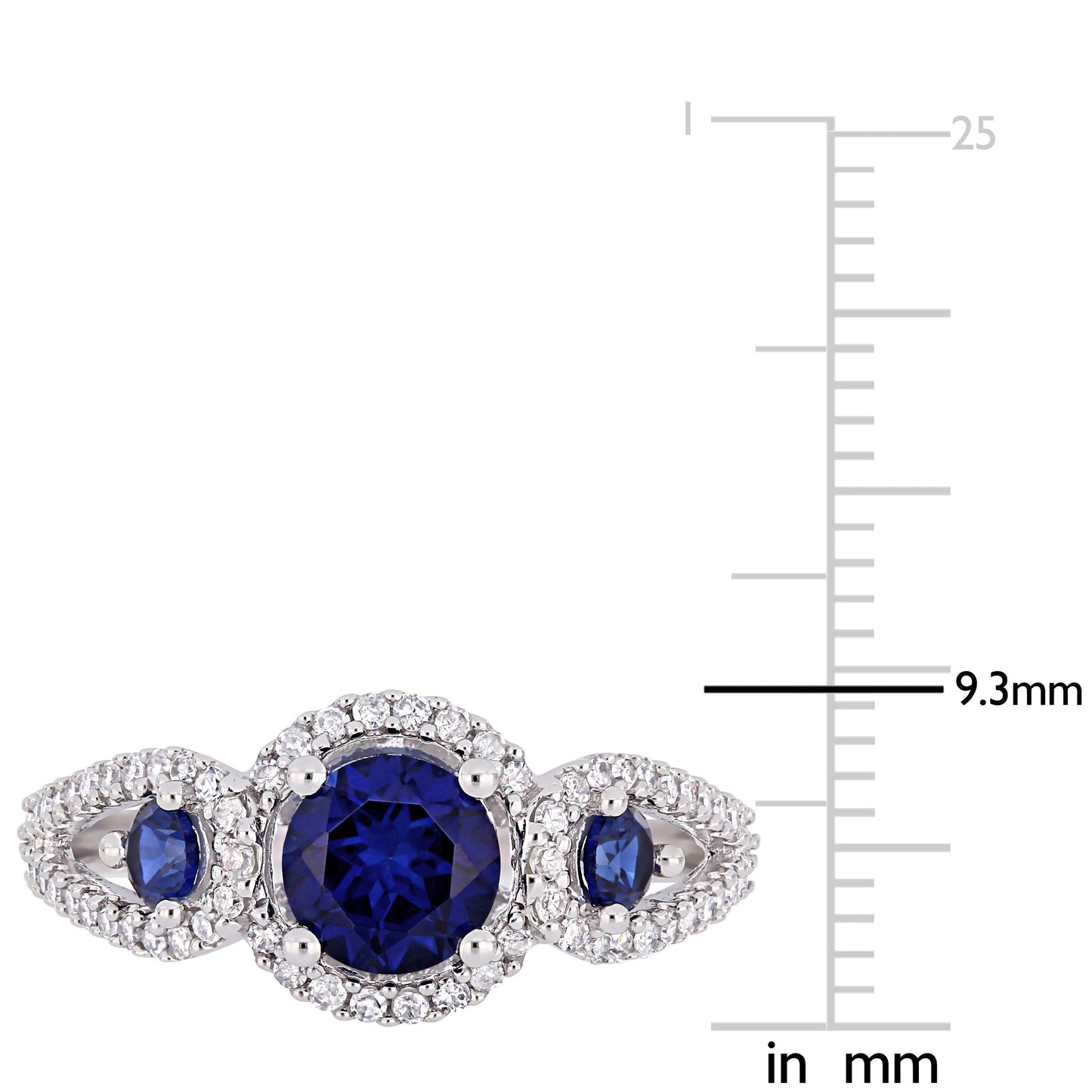 Sophia B Blue Sapphire & Diamond Three-Stone Halo Ring