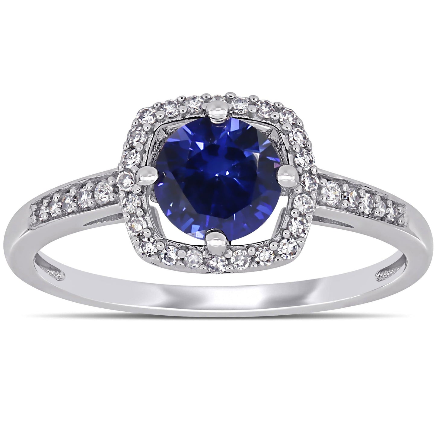 Julie Leah Blue Sapphire & Diamond Halo Ring in 10k White Gold