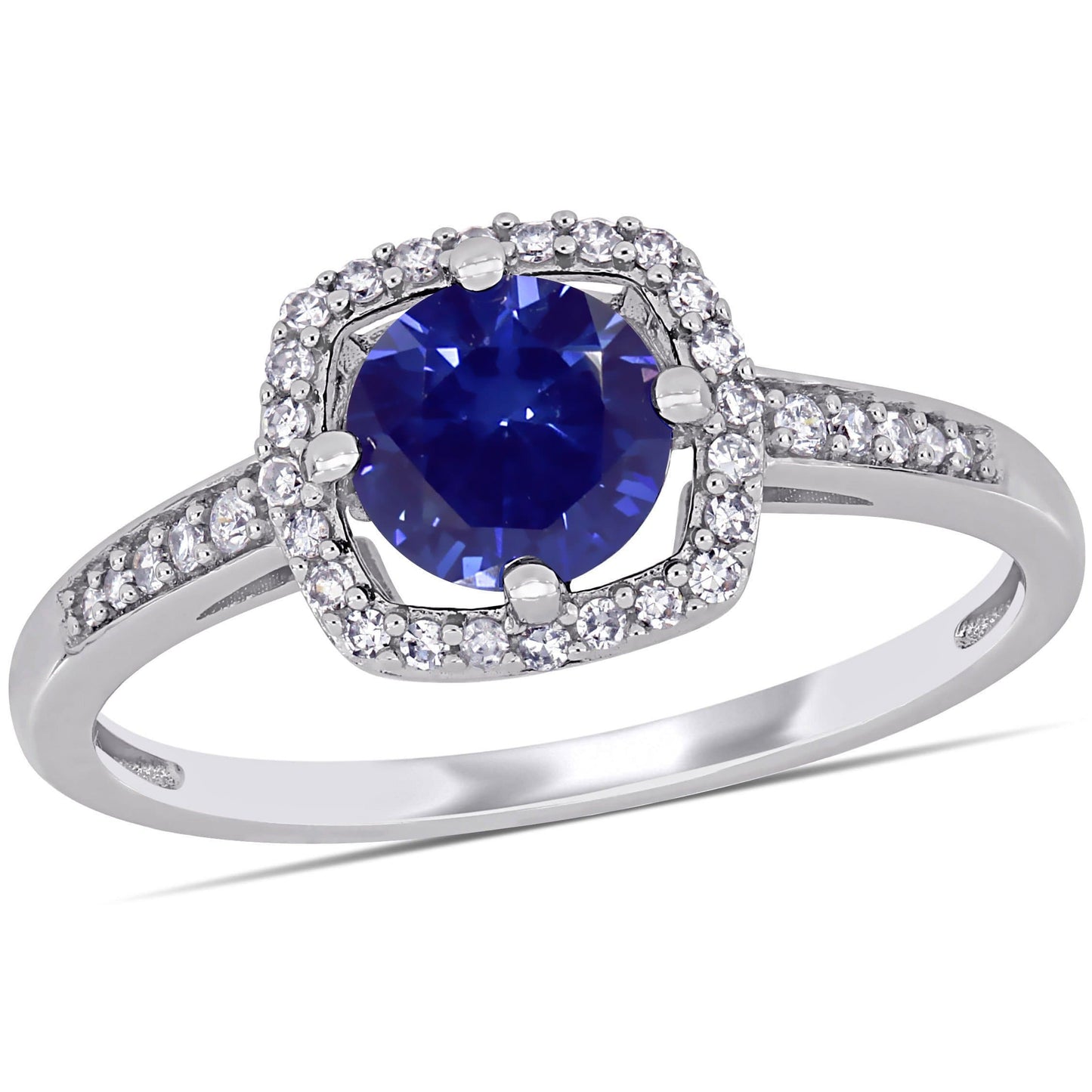 Julie Leah Blue Sapphire & Diamond Halo Ring in 10k White Gold