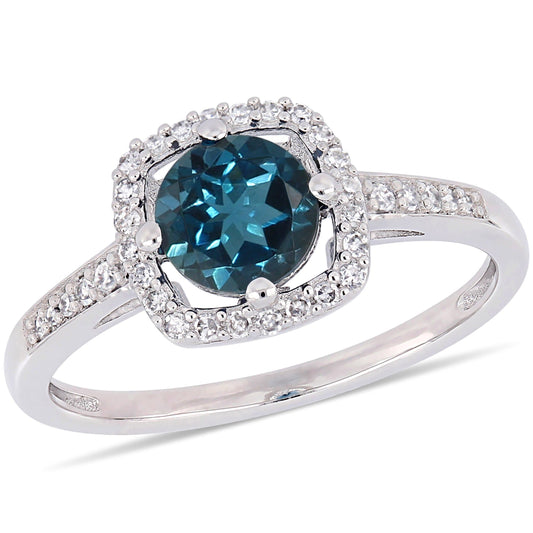 Julie Leah London Blue Topaz & Diamond Halo Ring in 10k White Gold