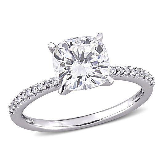 Cushion Cut Moissanite & Diamond Ring in 14k White Gold