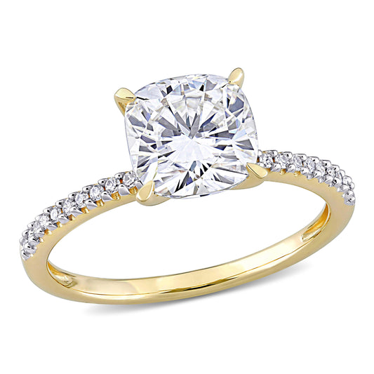 Cushion Cut Moissanite & Diamond Ring in 14k Yellow Gold