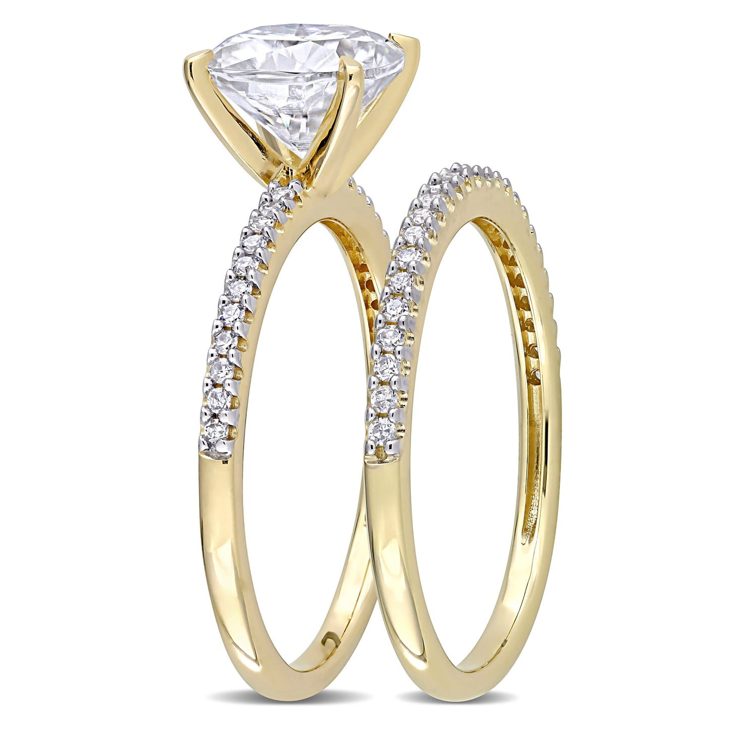 Cushion Cut Moissanite & Diamond Bridal Set in 14k Yellow Gold