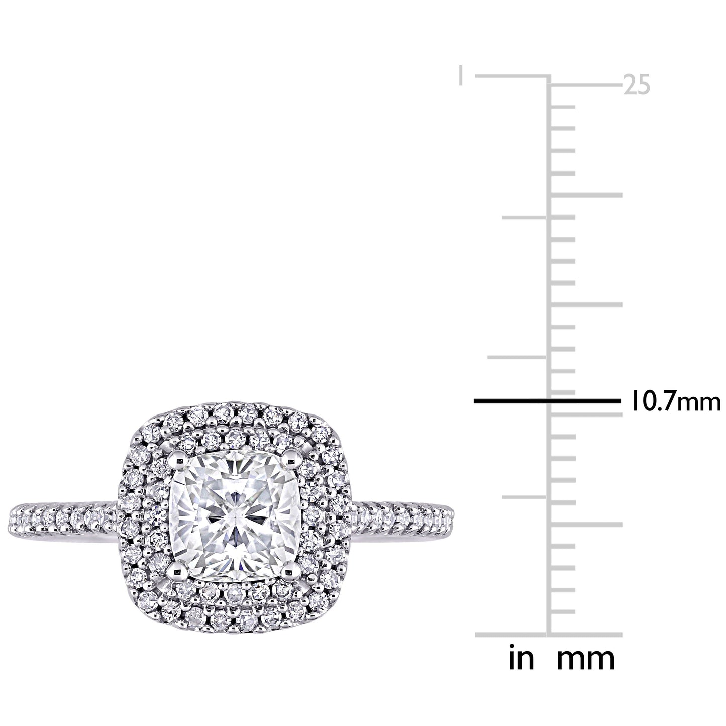 Cushion Cut Moissanite & Diamond Halo Ring in 14k White Gold