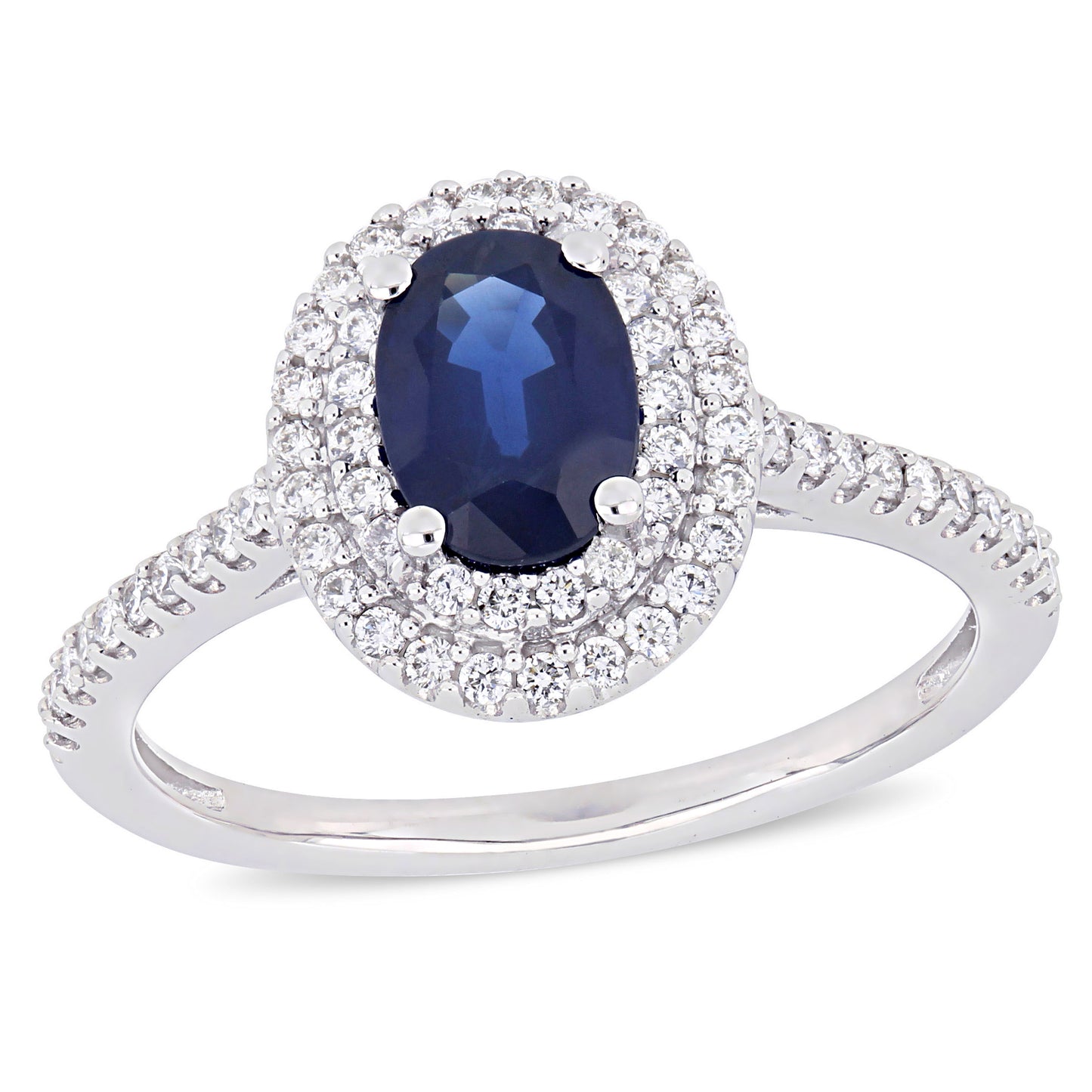 Oval Cut Sapphire & Diamond Double Halo Ring in 14k White Gold