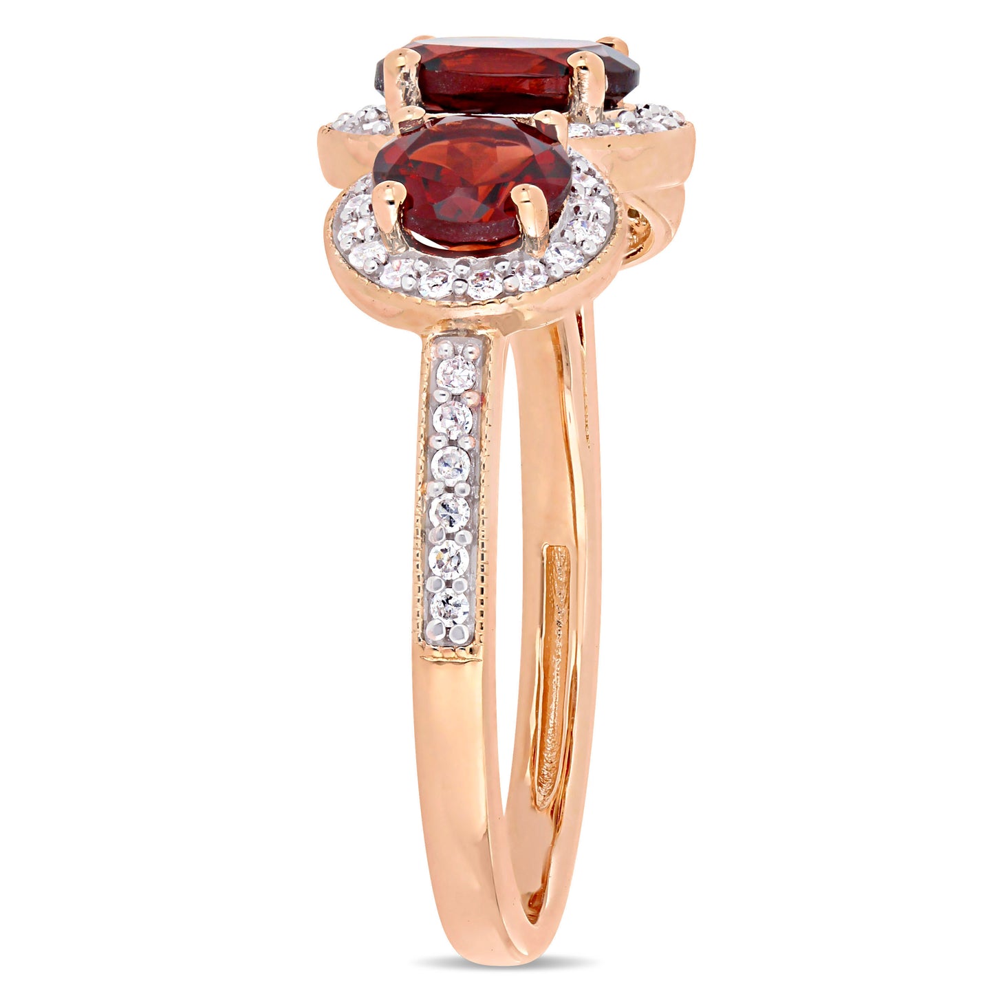 Garnet & Diamond 3-Stone Halo Ring in Rose Plated Silver