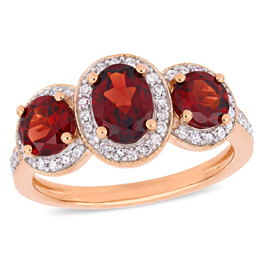 Garnet & Diamond 3-Stone Halo Ring in Rose Plated Silver