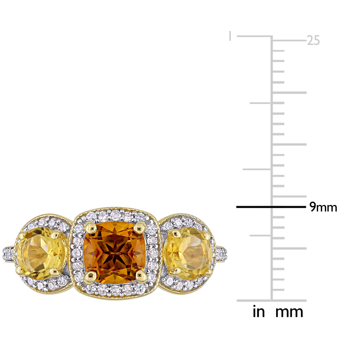 3-Stone Halo Cushion Cut Citrine & Diamond Ring in Yellow Sterling Silver