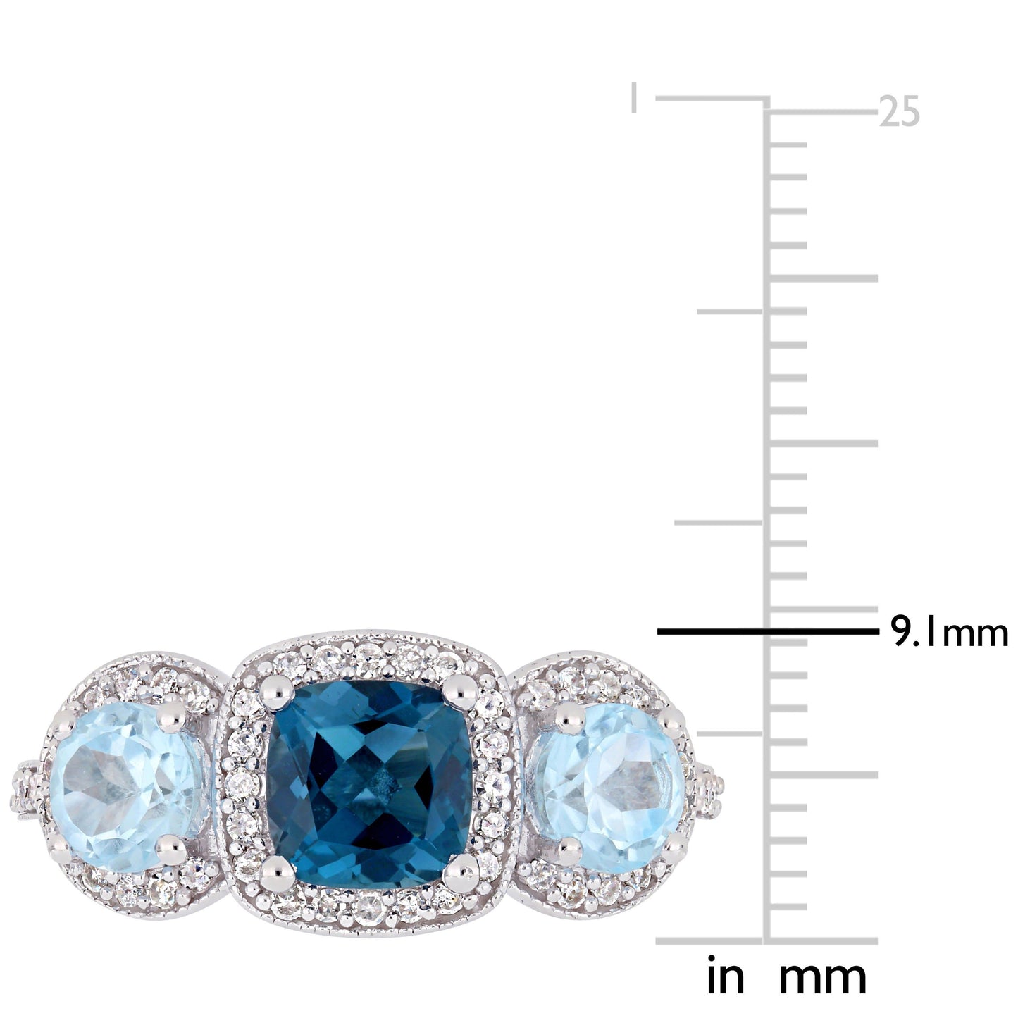 Sophia B 2 1/6ct Blue & Sky Blue Topaz & 1/3ct Diamond Three Stone Halo Ring