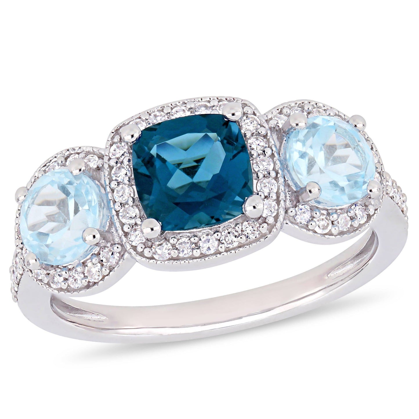 Sophia B 2 1/6ct Blue & Sky Blue Topaz & 1/3ct Diamond Three Stone Halo Ring