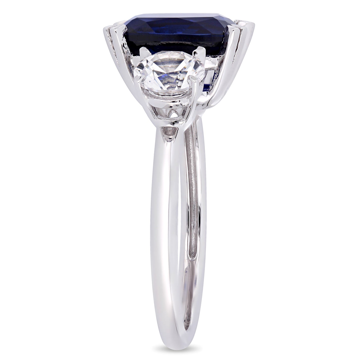 3 Stone Custion Cut White & Blue Sapphire Ring in 10k White Gold