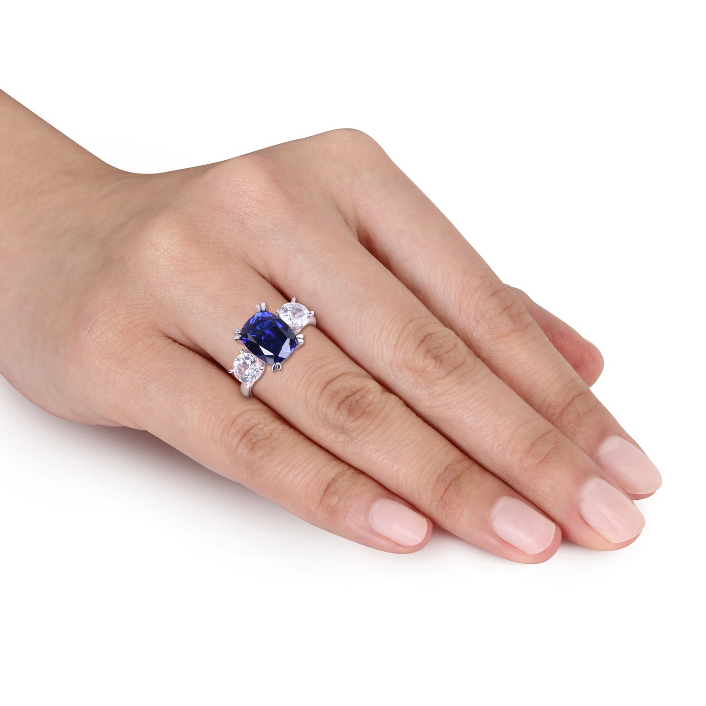 3 Stone Custion Cut White & Blue Sapphire Ring in 10k White Gold