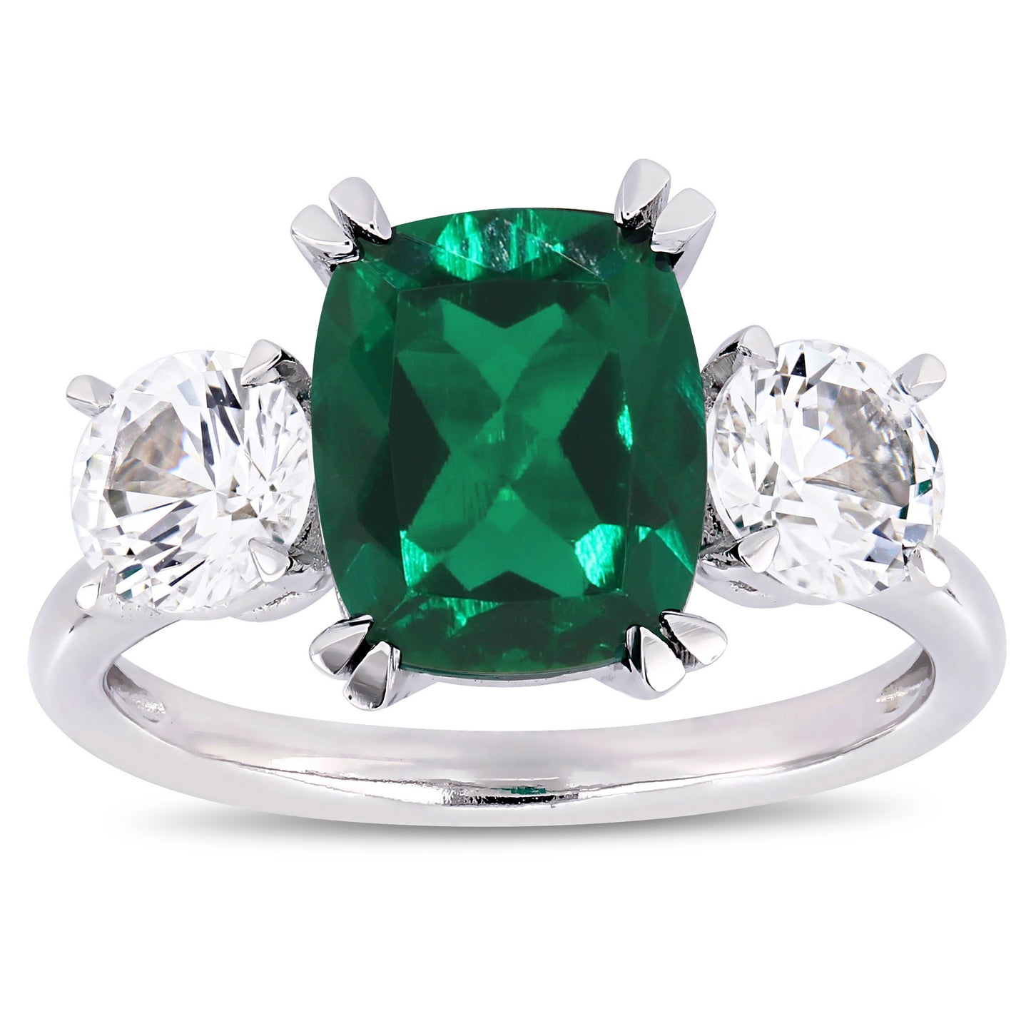 Emerald & White Sapphire 3-Stone Ring in 10k White Gold
