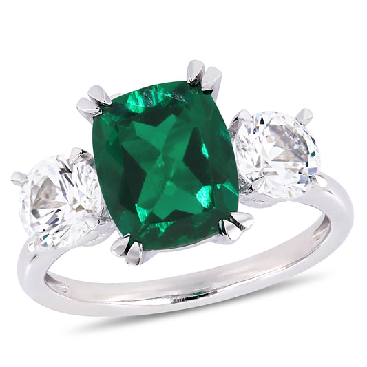 Emerald & White Sapphire 3-Stone Ring in 10k White Gold