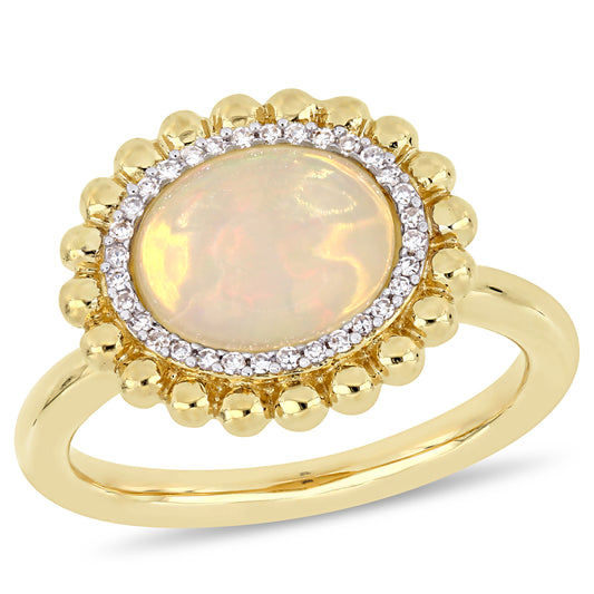 Ethiopian Opal & Diamond Flower Ring 14k Yellow Gold