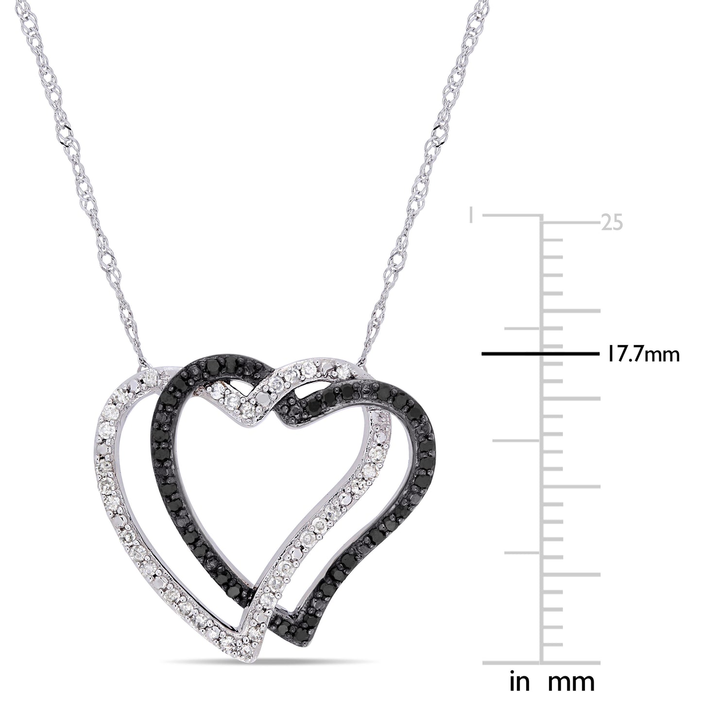 Black & White Diamond Double Heart Necklace 10k White Gold