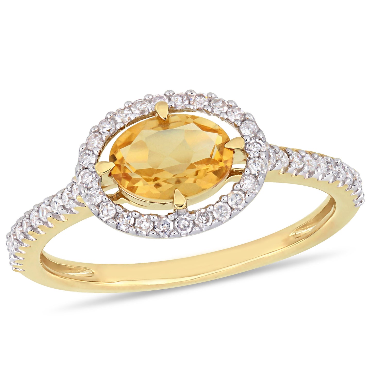 East West Floating Citrine & Diamond Halo Ring in 10k Yellow Gold